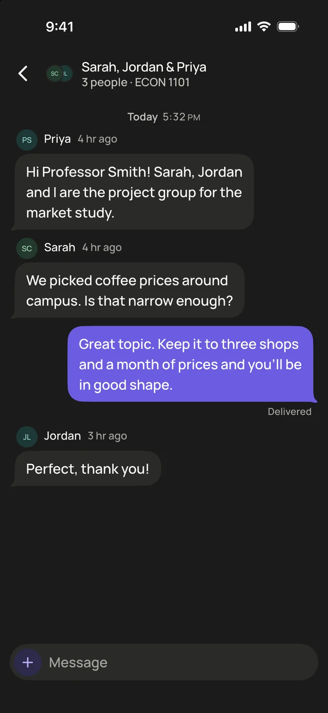 A group chat with Sarah, Jordan and Priya about their project, and the professor’s reply.