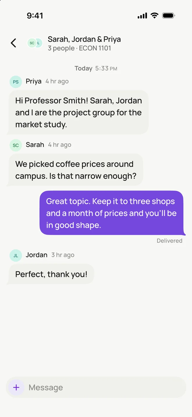 A group chat with Sarah, Jordan and Priya about their project, and the professor’s reply.